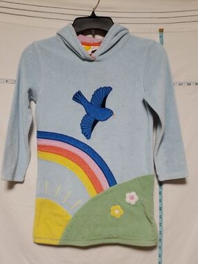 Mini Boden Light Blue Hooded Cotton Terry Dress with Rainbow & Bird Applique 7-8